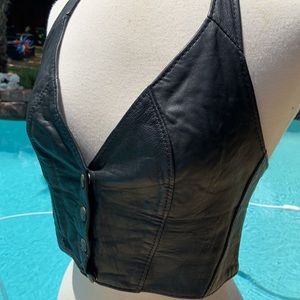 Vintage Harley style Biker leather halter top snap front/neck M/L